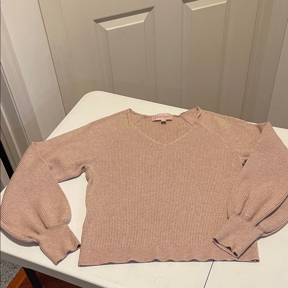 Modern Preppy Layering Ribbed Neutral Tan V Neck Knit Comfy Warm Cozy Autumn L
